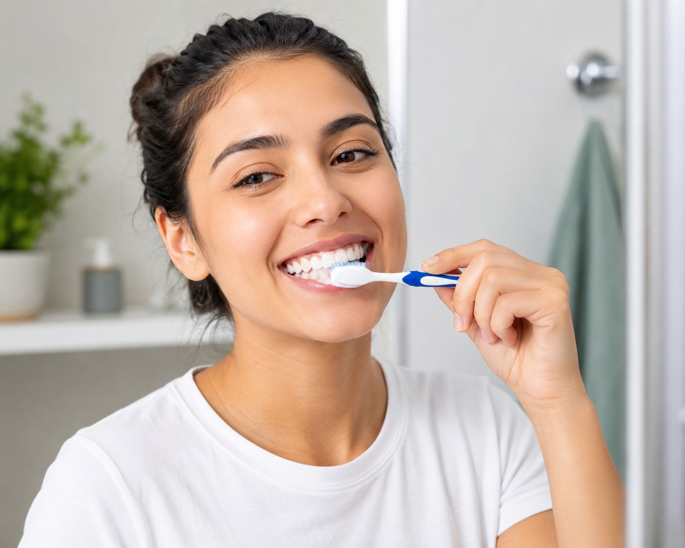 Person brushing teeth to maintain a cleaner and brighter smile