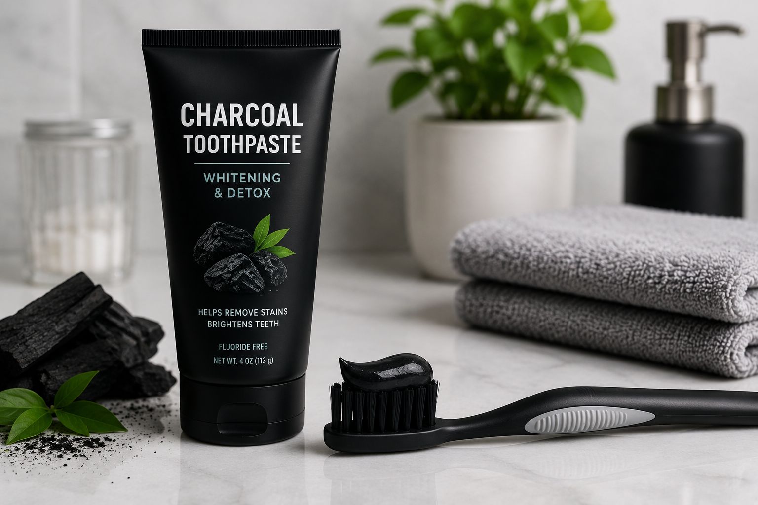 Charcoal toothpaste beside a toothbrush illustrating whitening products