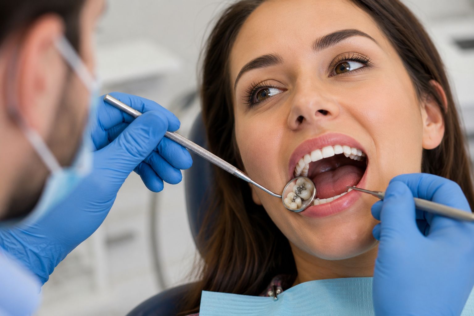 Dentist examining existing dental crowns and fillings during maintenance appointment