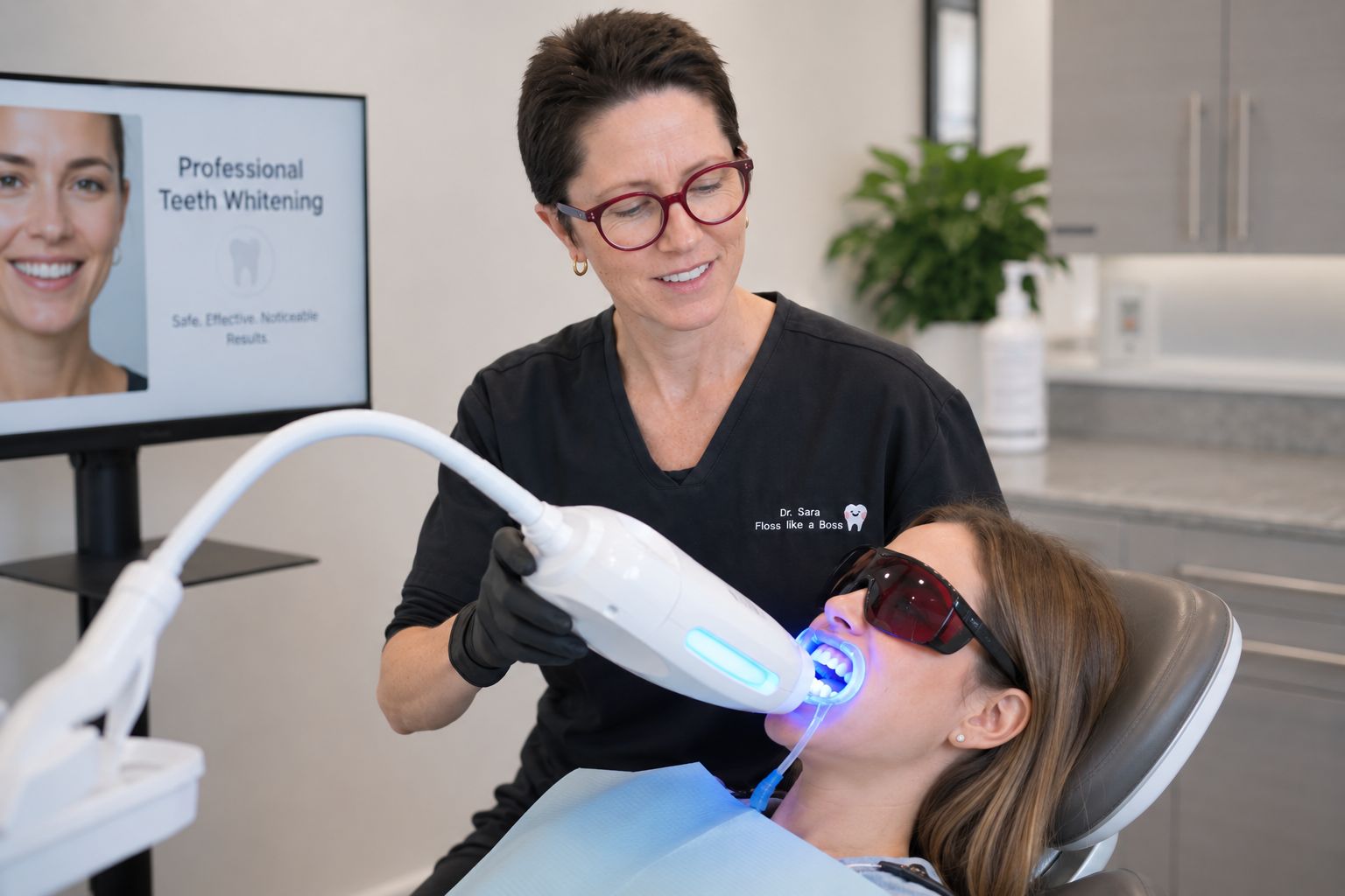 Professional teeth whitening treatment being performed at a dental clinic