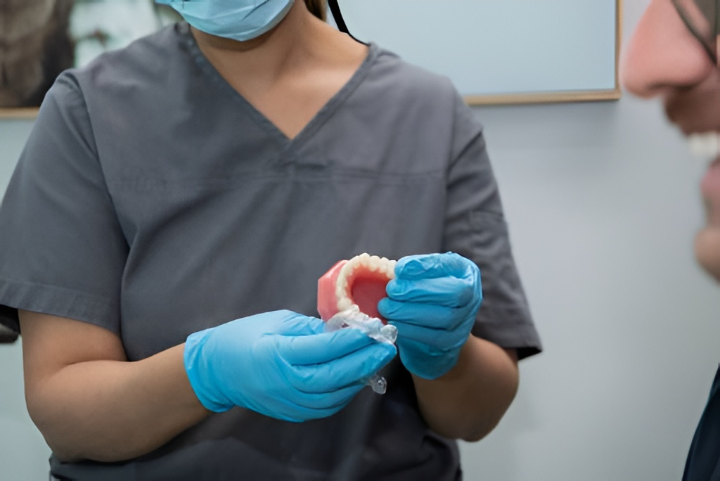 A dental professional in scrubs demonstrates clear aligners and a dental model to a patient.