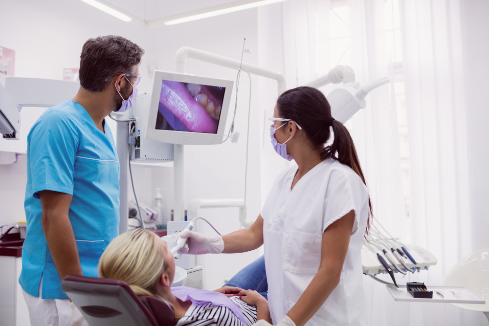 Dentist and assistant in a bright clinic treat a patient in a dental chair; monitor shows an inside-mouth image.